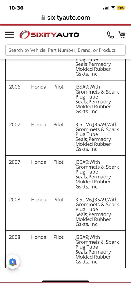 Juego de juntas de cubierta de válvula de motor Fel-Pro para Honda Pilot 2005-2008 3,5 L V6 Foto 4 de 4