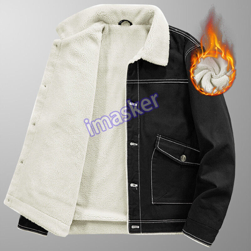 Mens Sherpa Lined Trucker Jacket Winter Warm Outwear Casual Cargo Coat Fashion
