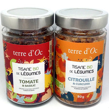 TERRE D OC Tisanes Bio TOMATE BASILIC 70G + CITROUILLE CURCUMA 80G 01/2025