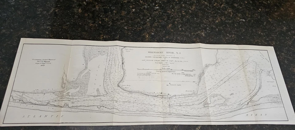 Mapa antiguo de 1880 Shrewsbury River NJ inspeccionado por el Cuerpo de Ingenieros 28x9 Foto 4 de 4