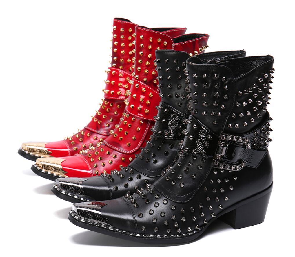 Hombres Punk Cuero Vaquero Botas al Tobillo Goma Metal Puntera Puntera Hebilla Remaches Zapatos