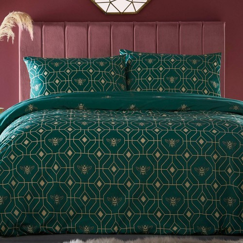 furn. Bee Deco Geometric Reversible Duvet Cover and Pillowcase Set - Green