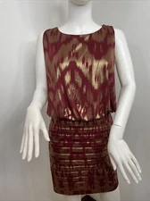 XSCAPE Dress 4 Maroon & Gold Sleeveless Round Neckline Banded Tiers Open Back