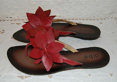 Womens RED LEATHER FLOWER FLIP FLOPS Wood Sole THONG SANDALS by Diba SIZE 7