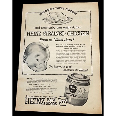 Heinz 57 Baby Food Vintage Print Ad 50s Strained Chicken Kitchen Decor