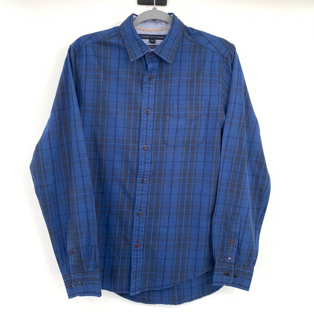 Tommy Hilfiger Custom Fit Cotton Blue Plaid Men's Long Sleeve Shirt Size Small thumbnail 3