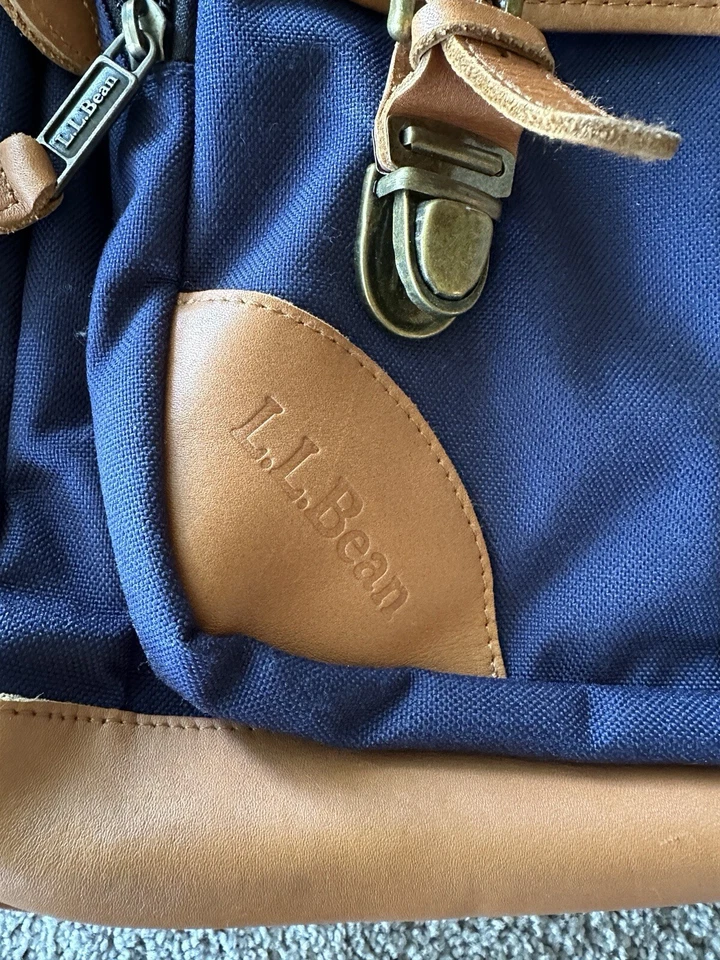 L.L. Mochila acolchada de lona azul de cuero marrón BEAN Mochila Bolso para libros Colegial Foto 2 de 4