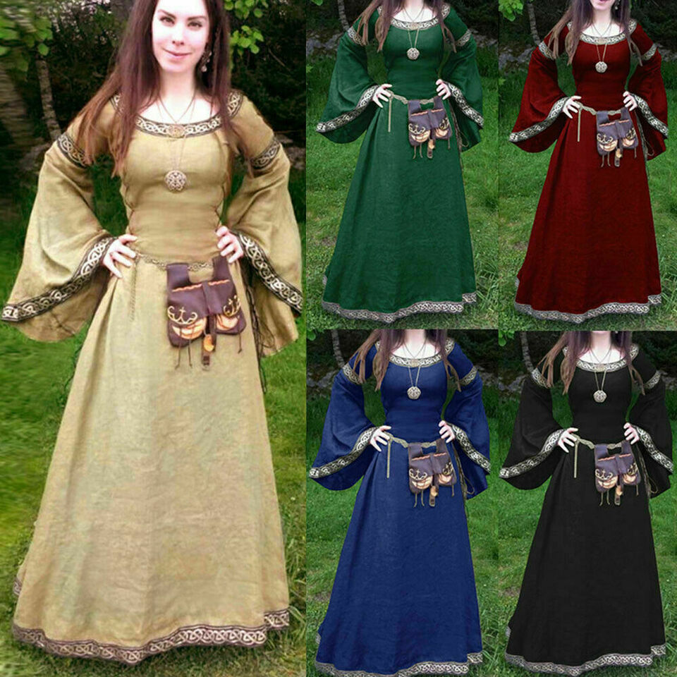 NEW Women Long Flare Sleeve Medieval Fairy Dress Renaissance Costume Plus Size