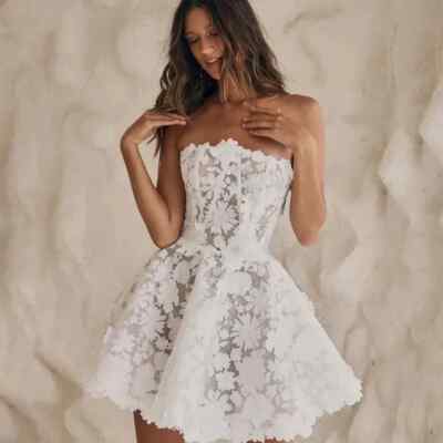 Beach Short A-Line Wedding Dresses Sleeveless Strapless Floral Lace Mini  Gowns | eBay