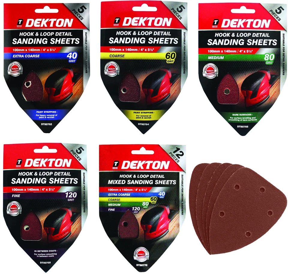 Dekton Detail Palm Sanding Pads Triangle Sheets 40 60 80 120 Or Mixed Grit 140mm