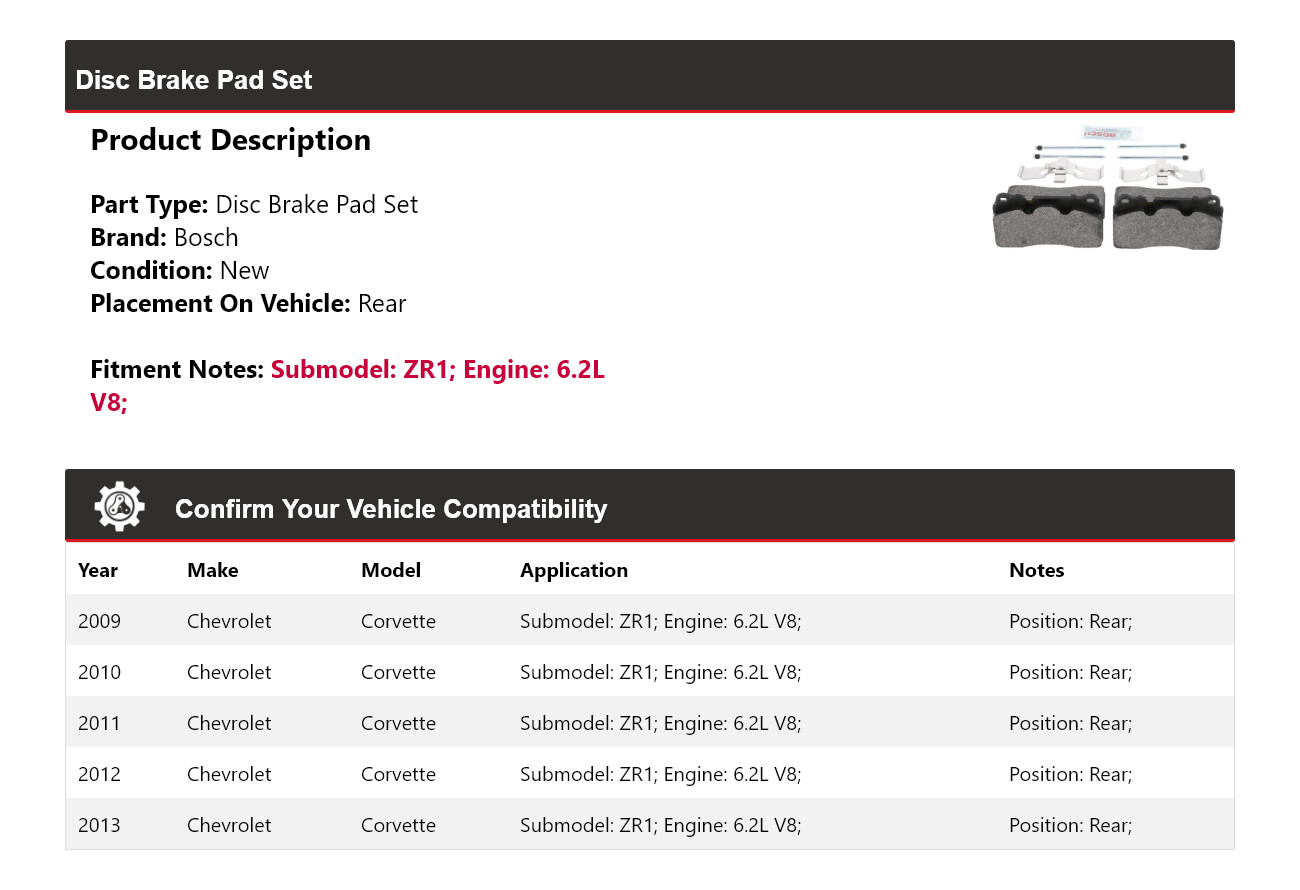 For 2009-2013 Chevrolet Corvette ZR1 6.2L Bosch Semi-Metallic Brake Pads Rear
