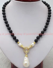 10mm Faceted Black Lava Rock Gems & White Keshi Baroque Pearl Pendant Necklace