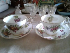 VINTAGE ALLYN NELSON COLLECTION BONE CHINA TEA CUP AND SAUCERS ~ Pears and Plums