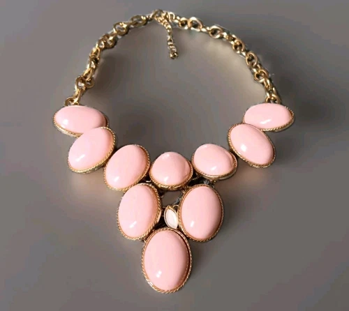 VETEMENTS COLLANA BAVAGLINO ELEGANTE COUTURE ROSA ACRILICO CABOCHON SU METALLO TONO ORO