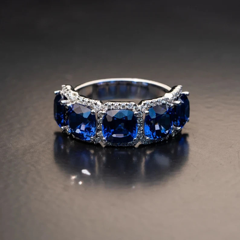 5.50 Ct Natural Blue Sapphire Diamond Wedding Ring 14K Solid White Gold Size 8