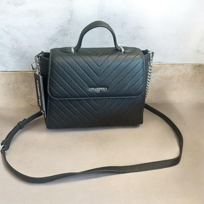 NWT Karl Lagerfeld Paris Charlotte Quilted Satchel Black Leather Bag