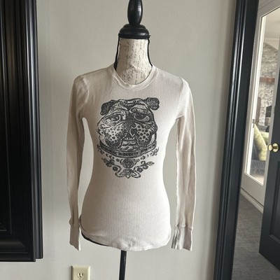 VTG Y2K Lucky Brand Top Womens Small Waffle Knit  Studded Pug Dog