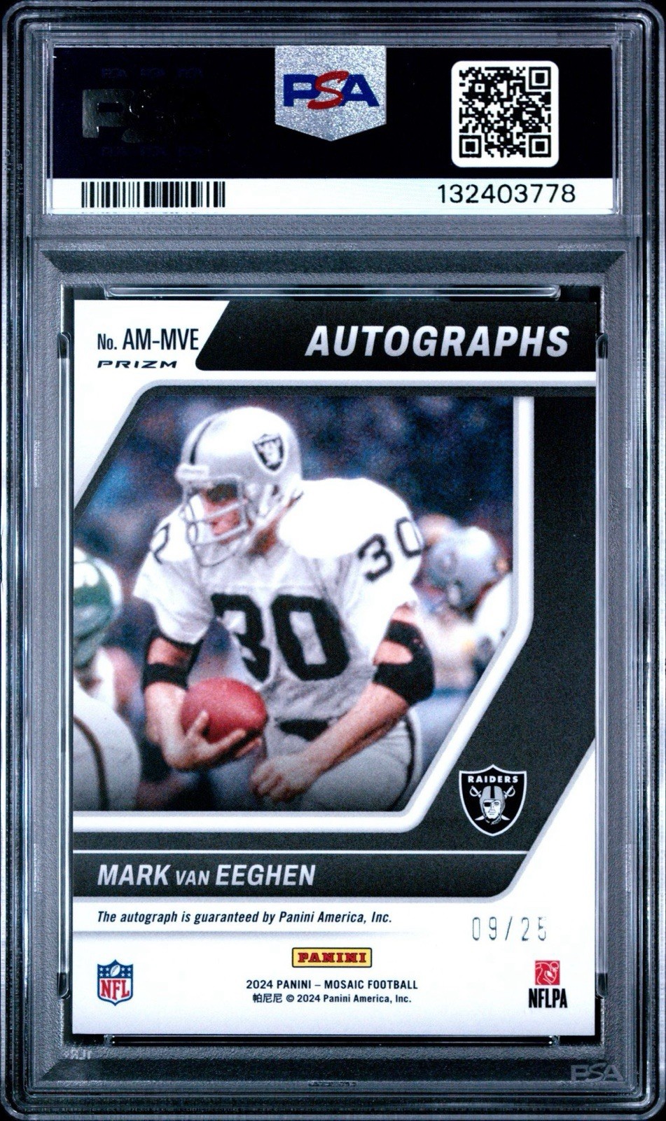 Panini 2024 Mosaic Mark van Eeghen Raiders Auto Mosaic-White /25 #AM-MVE PSA 9 view 2
