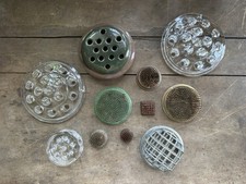 LOT OF 11 VINTAGE FLOWER FROGS 16 HOLE GLASS METAL SPIKED CAGED HAEGER POTTERY