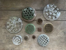 LOT OF 11 VINTAGE FLOWER FROGS 16 HOLE GLASS METAL SPIKED CAGED HAEGER POTTERY