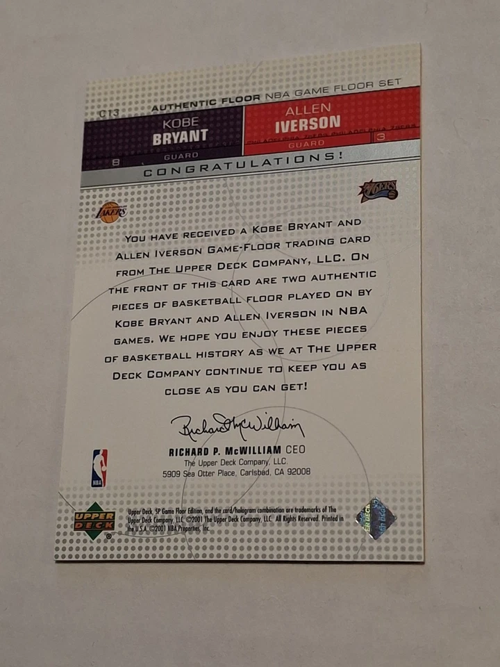 2001 SP GAME USED FLOOR KOBE BRYANT ALLEN IVERSON DUAL LAKERS SIXERS AUTHENTIC  - Image 2 of 2