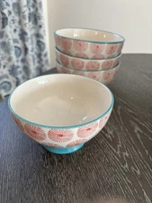 Pioneer Woman Happiness Red/Teal Blue Ceramic Cereal/ Soup Bowls Set of 4