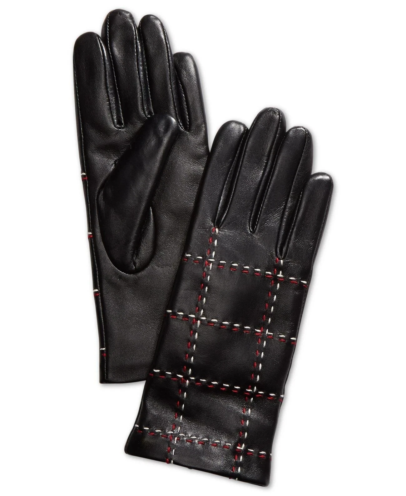 Charter Club Genuine Leather Touchscreen Gloves Black Plaid Stitch Size S