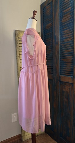 Modcloth V-Neck Pintuck Sheer Overlay Slip Dress Women XL Pink Buttons Tie Back - Picture 2 of 17