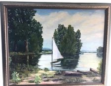 Vintage Framed Landscape Oil Painting, Sail Boat, Lake, Nature Signed. 1960's?