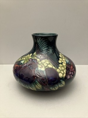 Moorcroft Sally Tuffin  Finches and Fruit  Blue-Green Lg squat vase