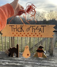 Wooden Halloween Trick or Treat Black Cat Ghost Witch Hanging Decor Hand Painted