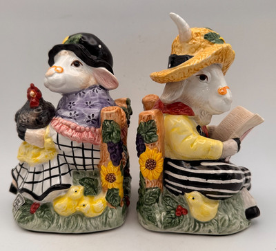 Fitz & Floyd Mr. & Mrs. Goat Ceramic Bookends Farmhouse Handpainted-Set of 2