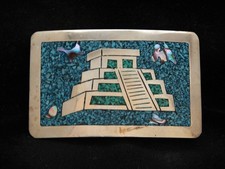OA13173 VINTAGE 1970s  AZTEC TEMPLE  SOUTHWESTERN DESIGN ART BELT BUCKLE