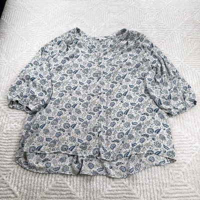 Rose Olive Blouse 2X Floral Print Smocked Neck Blue White Boho Peasant Work Plus