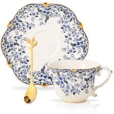 Country Roses Porcelain Tea Cup and Saucer Set with Gold Trim, Vintage Style,...