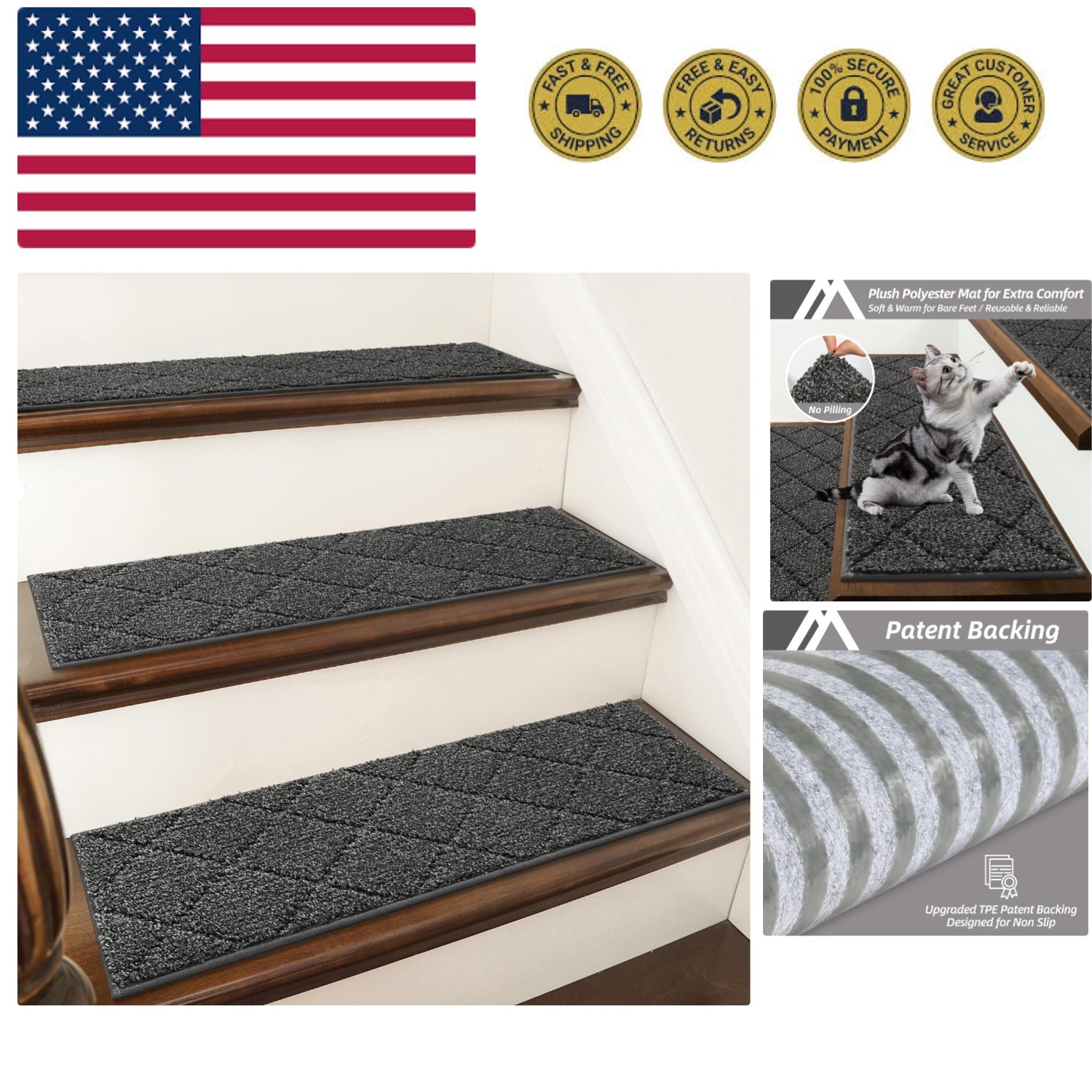 Edging Stair Treads Non-Slip Carpet Mat 28inX9in Indoor Stair Runners for Woo...