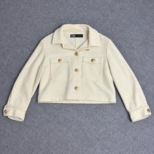 Zara Textured Crop Jacket Womens M Cream Gold Button Tweed Collared Blazer