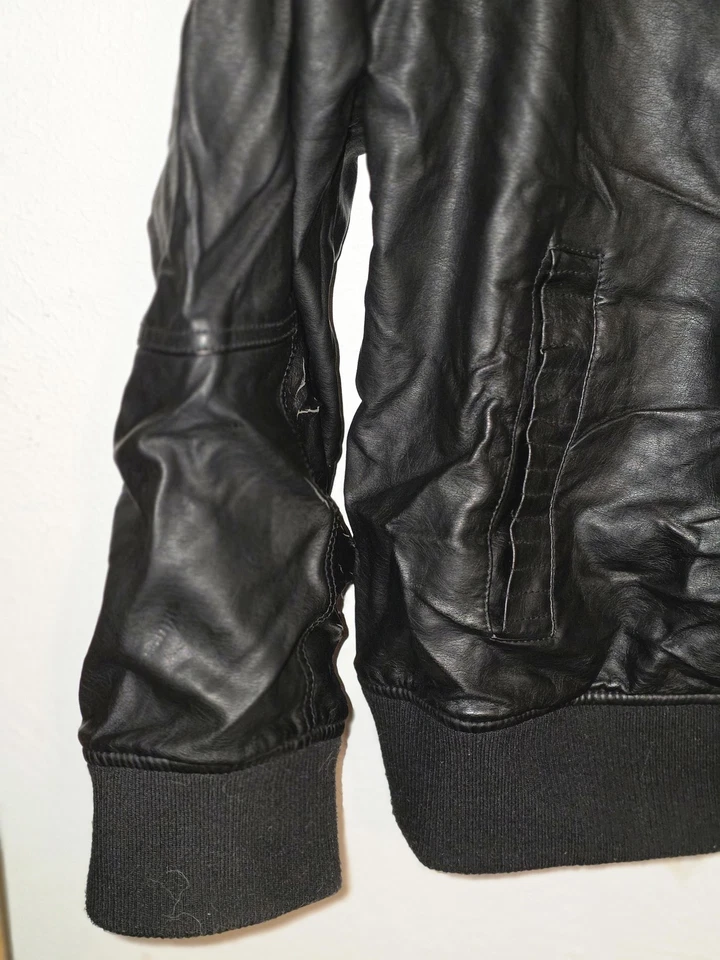 Structure Jacket Mens 2XL Black Hooded Faux Leather Bomber Zip Pockets Lined - Image 4 of 4