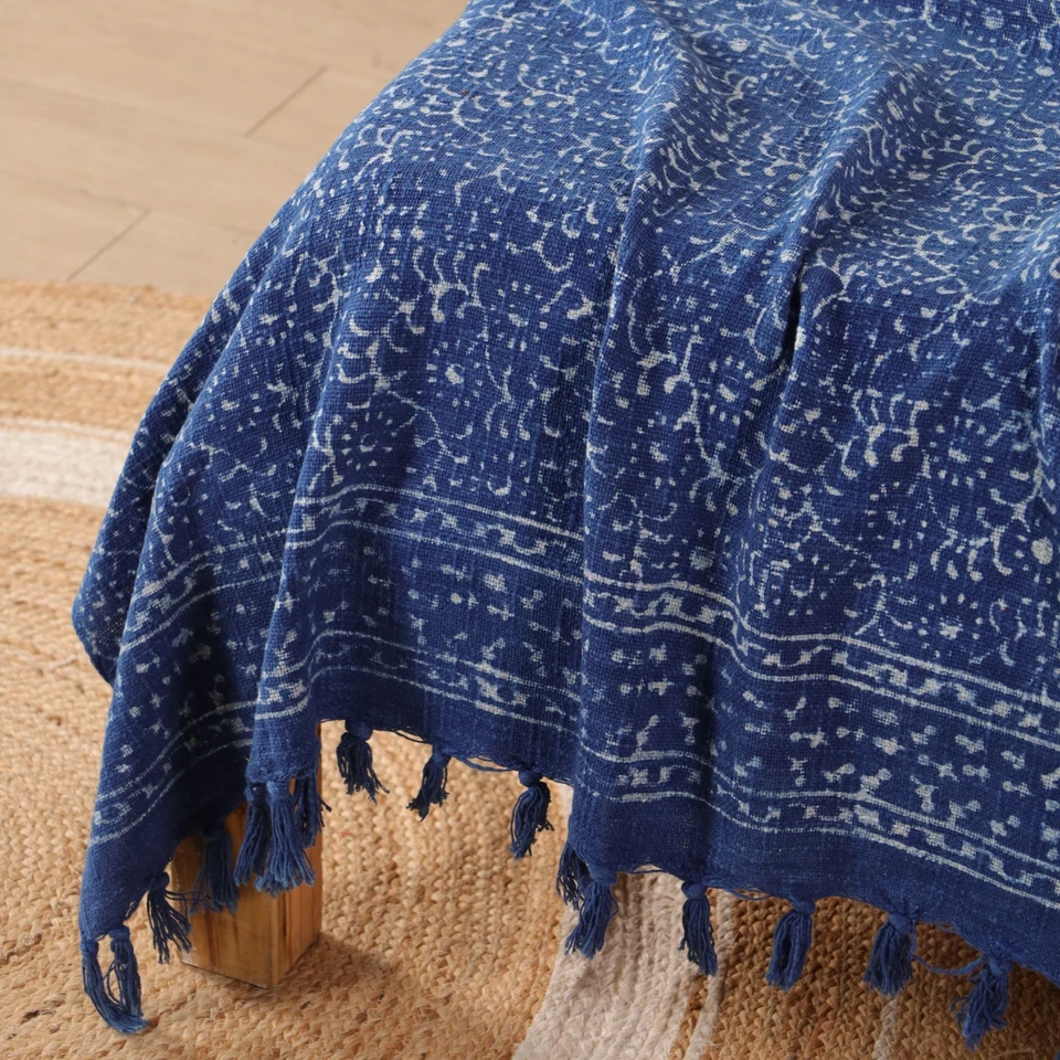 Indigo Blue Cotton Sofa Throw Blanket Handmade Block Print Boho Farmhouse Decor - Image 2 of 4