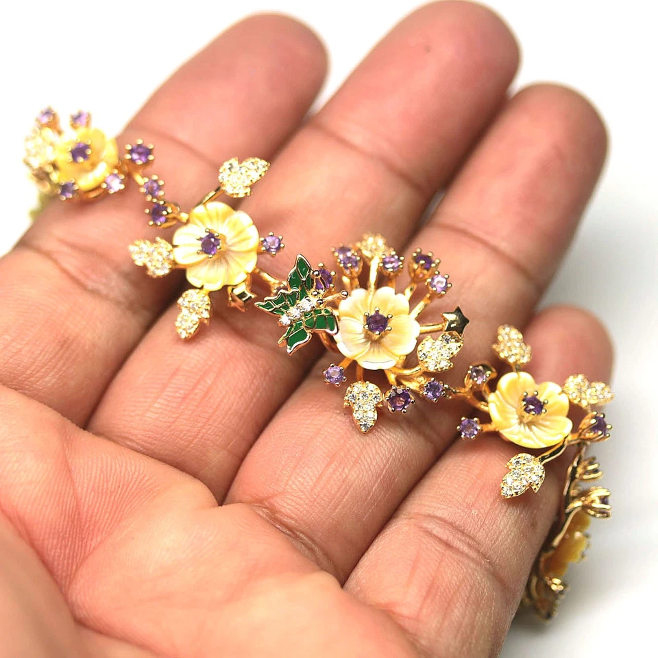 Brazalete de plata 925 amarillo madreperla, amatista y circonitas cúbicas 8 pulgadas Foto 2 de 4