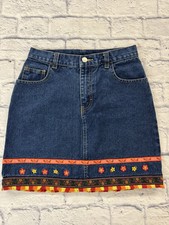 Jordache Girls Vintage Denim Skirt Size 14, Pockets, Floral Print With Fringe