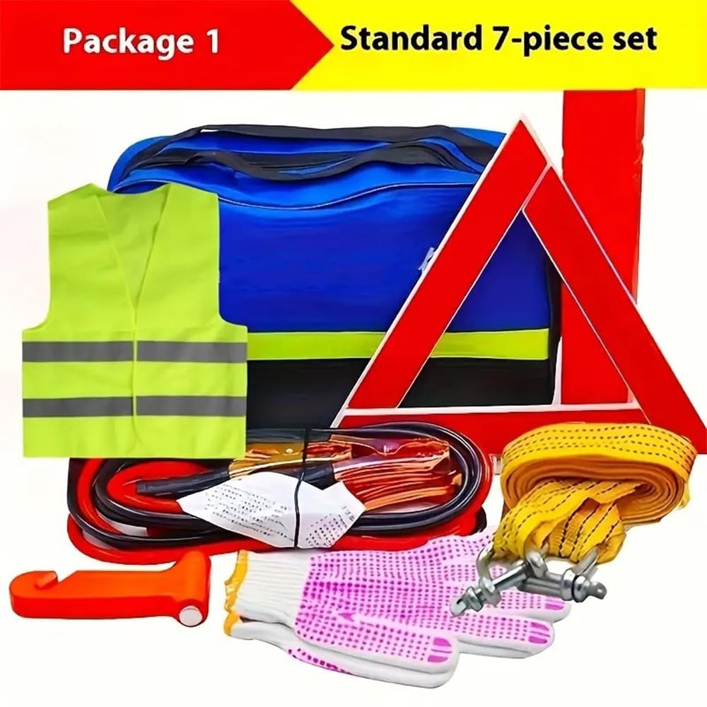 7-in-1 Car Emergency Breakdown Kit Jump Leads Triangle Vest Hammer
