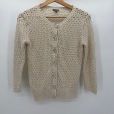 Ann Taylor Cream Pointelle Knit Cardigan Sweater Small Cotton Blend Button Front