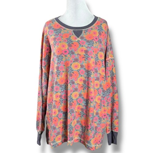 Natural Life Bohemian Floral Thermal Waffle Knit Long Sleeve Oversized Tee Top M - Picture 2 of 9