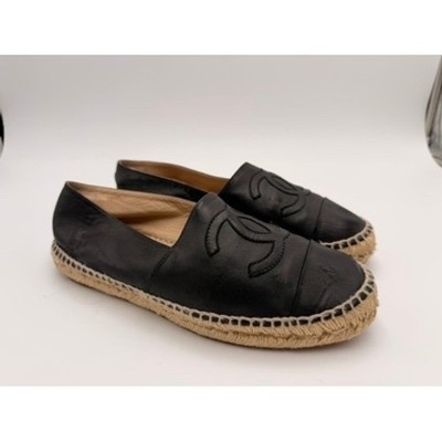 Chanel Espadrilles Women Black Good Lambskin Leather CC Logo Flats