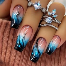 French Tip Press on Nails Medium Coffin Fake Nails Blue Black Gradient A16