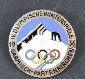 Pre-WWII 1936 Winter Olympics Badge – Garmisch-Partenkirchen – FLL Maker Marked