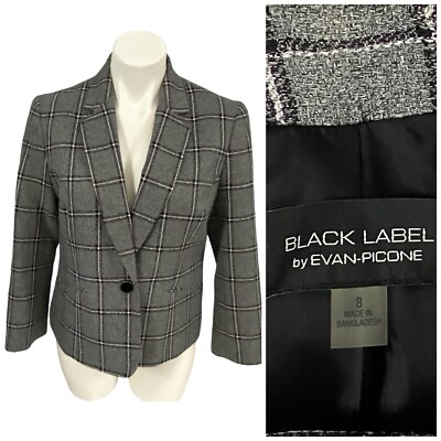 Evan Picone Blazer Womens 8 Gray Plaid Jacket Academic Cozy Work Office Casual