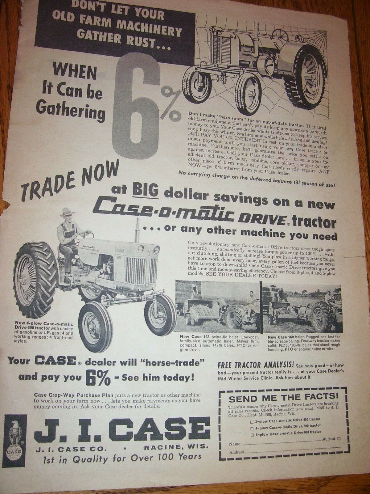VINTAGE JI CASE ADVERTISING 600 CASE O MATIC TRACTOR 1958 eBay