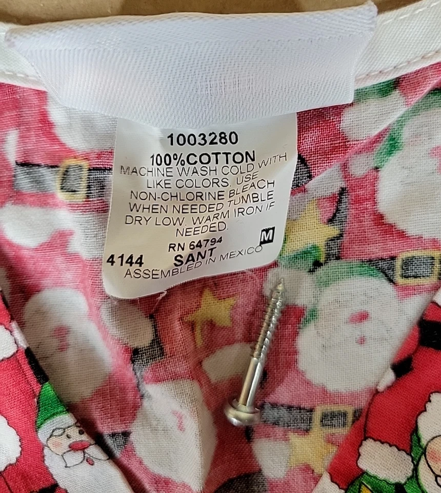 Medium Scrub Top Christmas Holiday Red Santa Stars Peaches Uniforms - Image 3 of 4